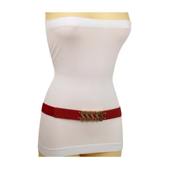 Women Red Color Elastic Waistband Skinny Belt Gold Dollar Sign $$$ Size S M z007 - Picture 8 of 16